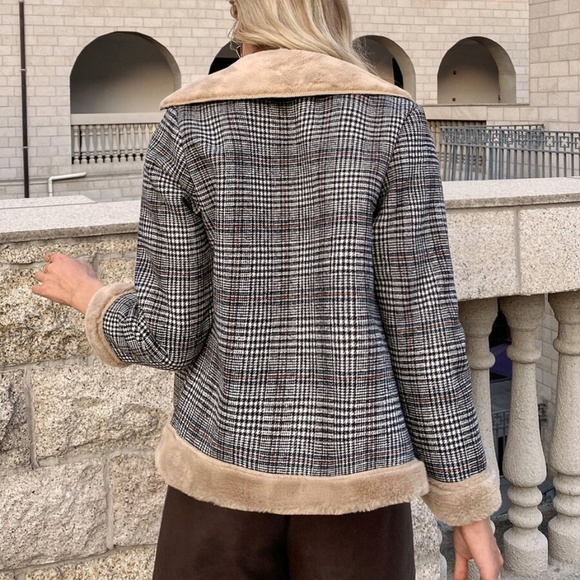 teddy shearling lined button plaid pea coat jacket - Picture 5 of 6